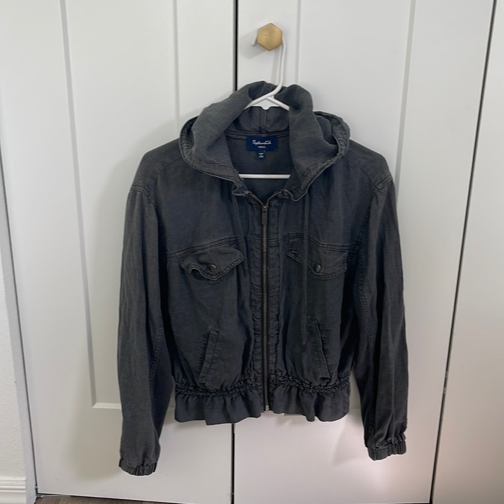Lightweight zip up hoodie/jacket. Cinched at waist with hood.